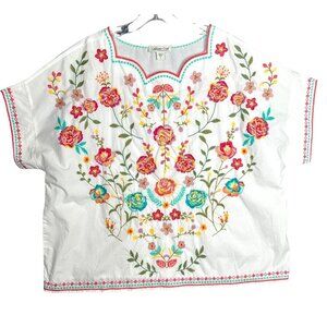 Coldwater Creek Cotton Embroidered Peasant Top Large Boxy‎ Boho Floral Cottage